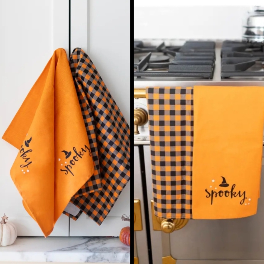Dish Towels Halloween Set Of 2 Spooky‎ Orange & Black Kitchen Towels NWT